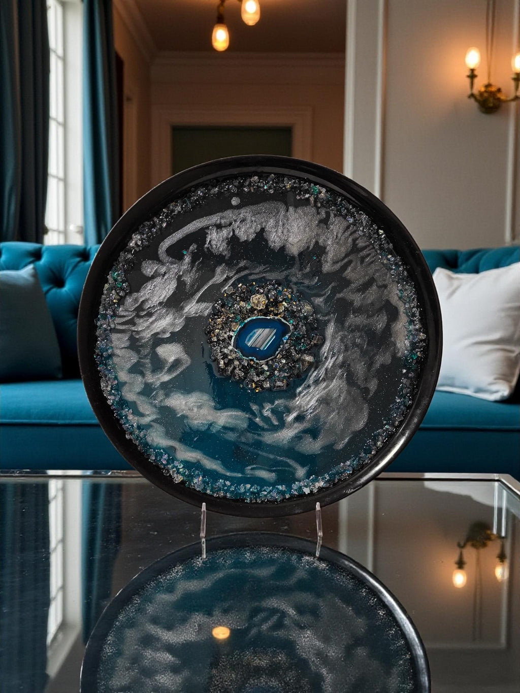 Teal Blue Resin Tray with Crystals, Metallic White Organizer