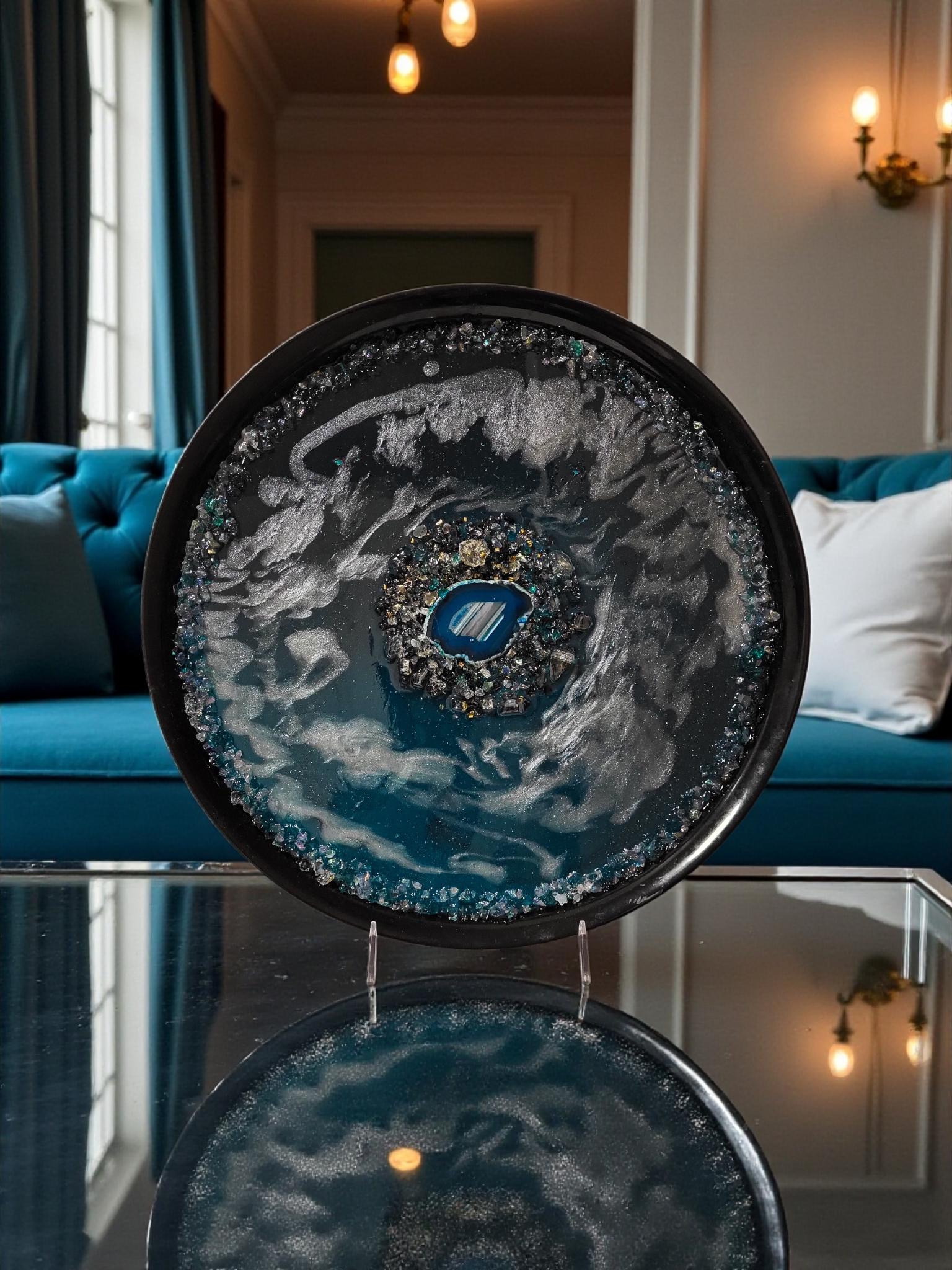 Teal Blue Resin Tray with Crystals, Metallic White Organizer