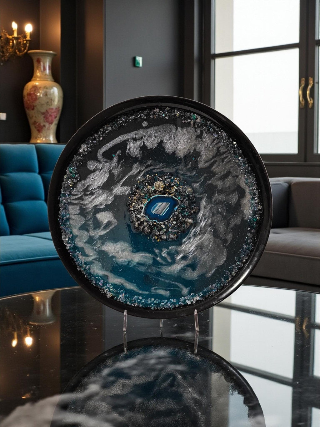 Teal Blue Resin Tray with Crystals, Metallic White Organizer