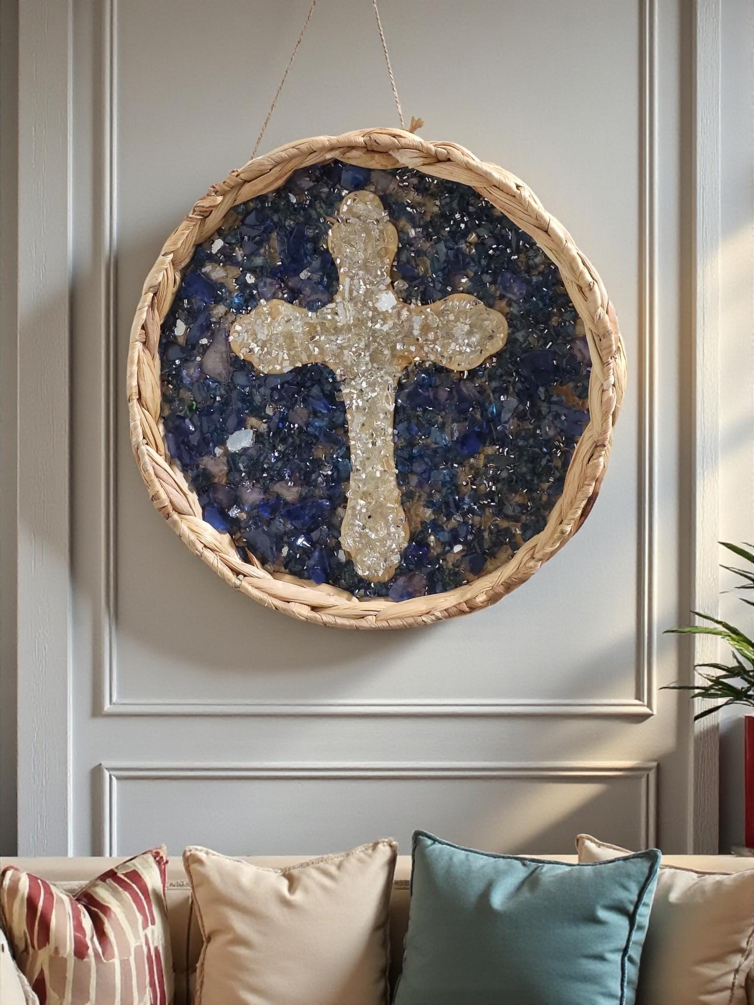 Handmade Blue Crush Glass Cross Decor, Metal & Wood Artwork