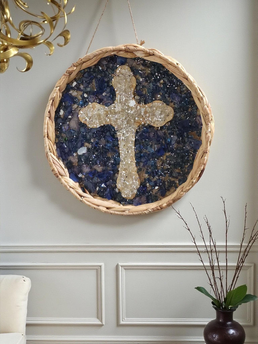 Handmade Blue Crush Glass Cross Decor, Metal & Wood Artwork
