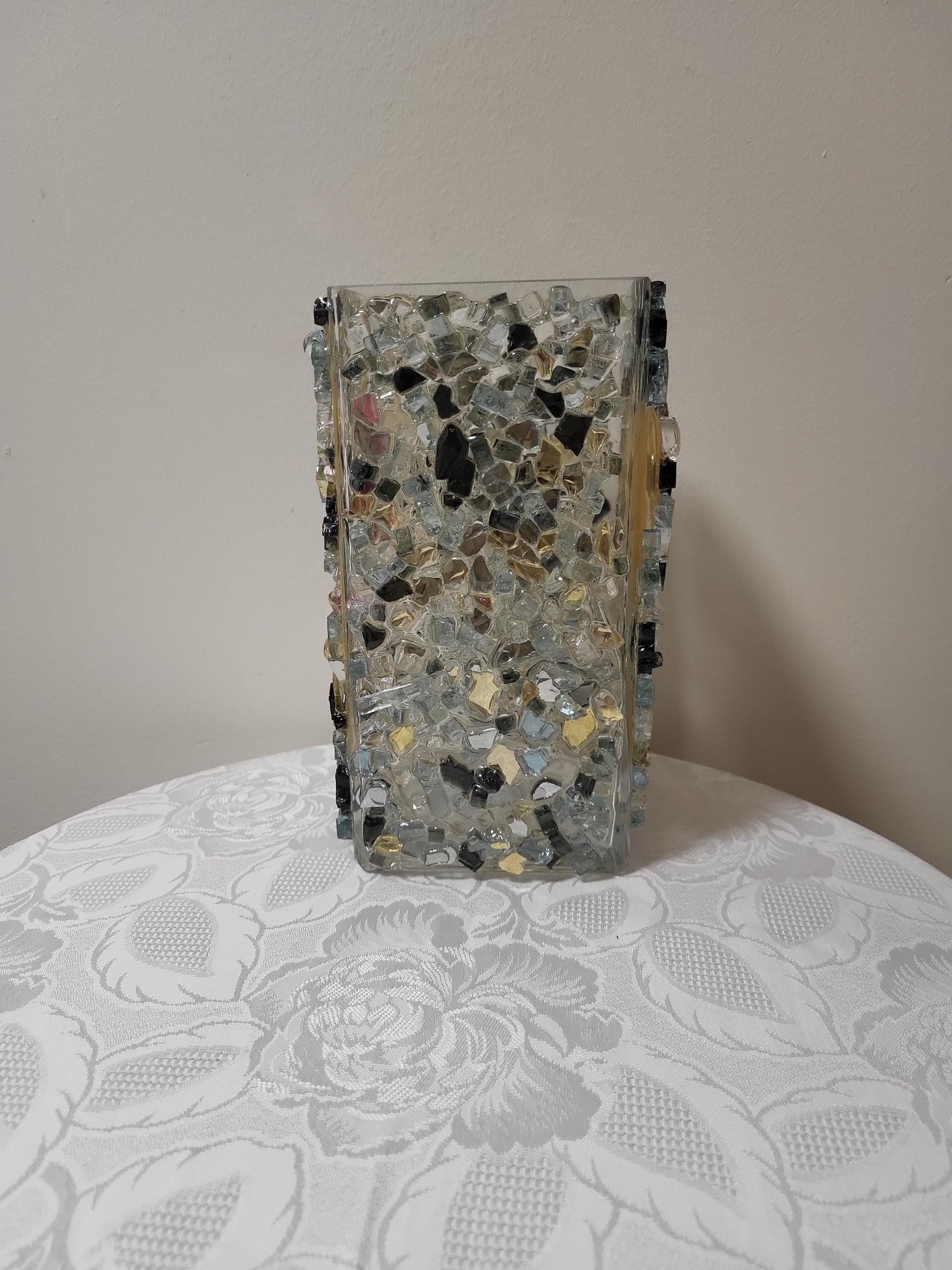 Black/Gold/Clear Crystallized Glass Vase - Glam Square Flower Display