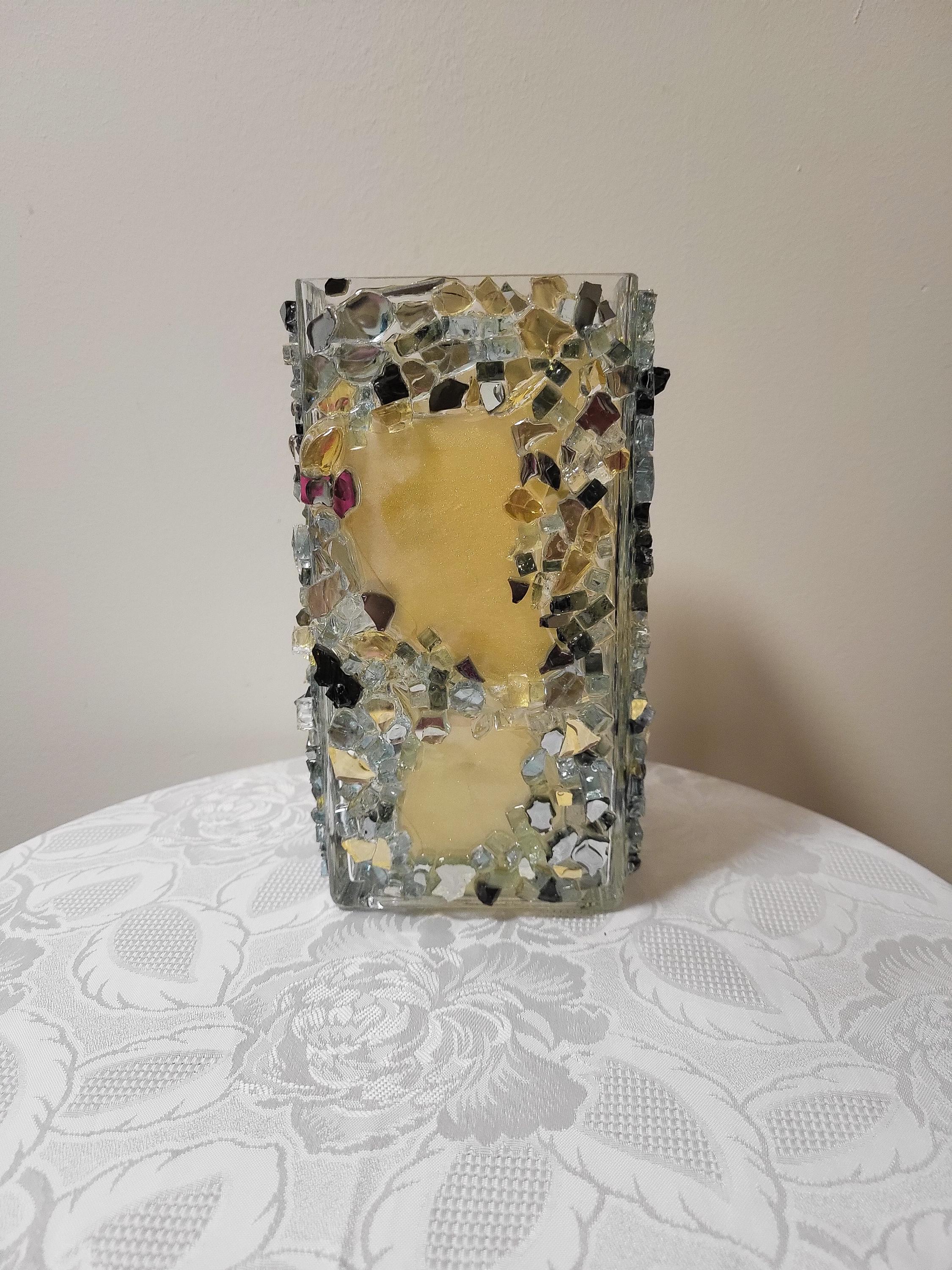 Black/Gold/Clear Crystallized Glass Vase - Glam Square Flower Display