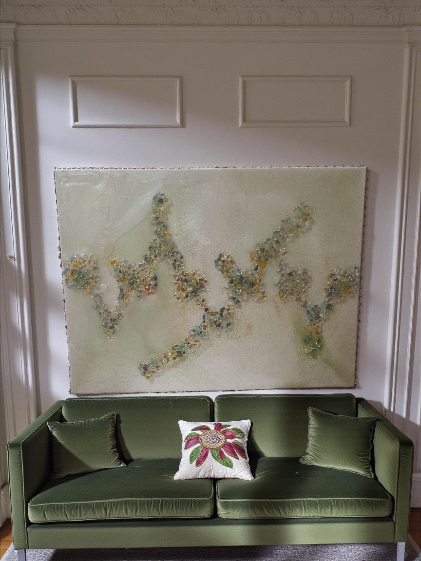 3D Abstract Crystal/Resin Canvas Painting, Gold/Green/Clear Artwork (18x24)