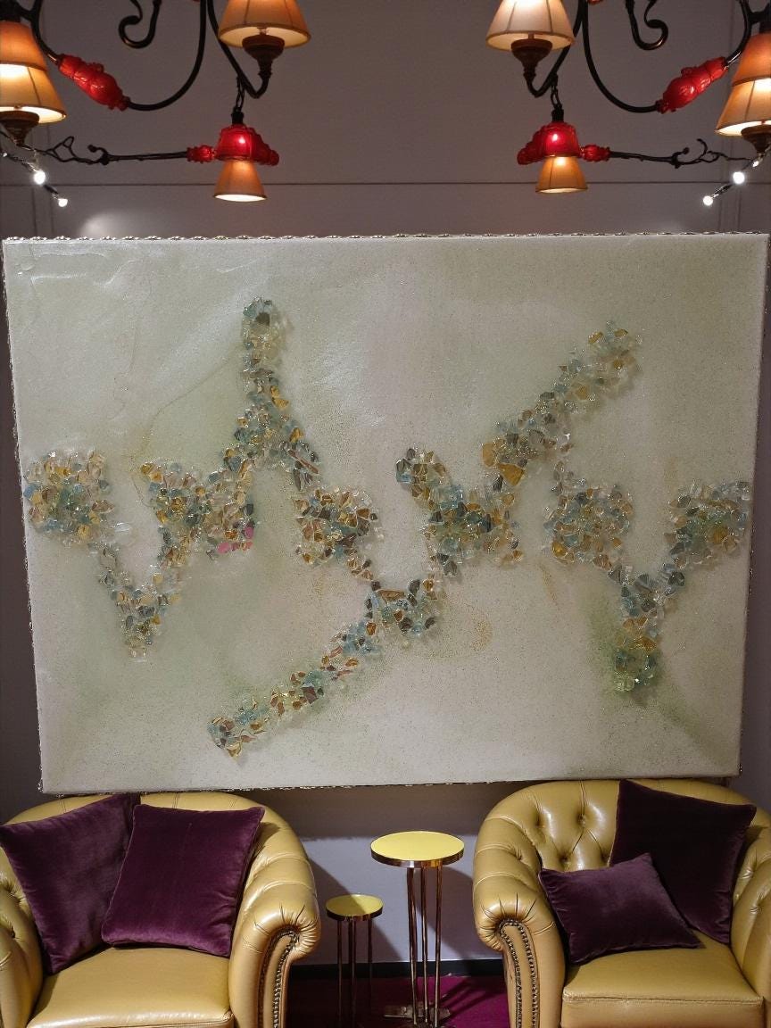 3D Abstract Crystal/Resin Canvas Painting, Gold/Green/Clear Artwork (18x24)