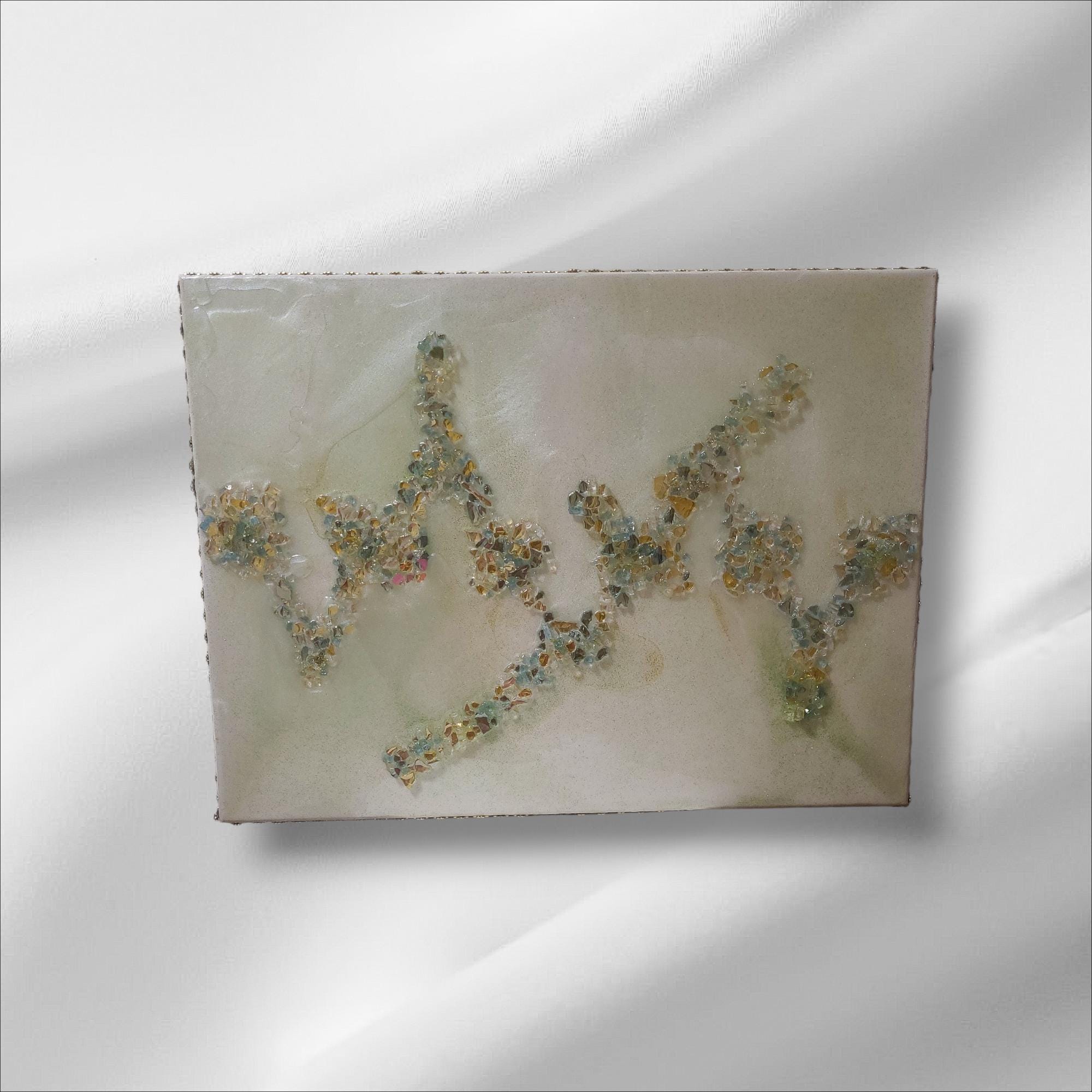 3D Abstract Crystal/Resin Canvas Painting, Gold/Green/Clear Artwork (18x24)