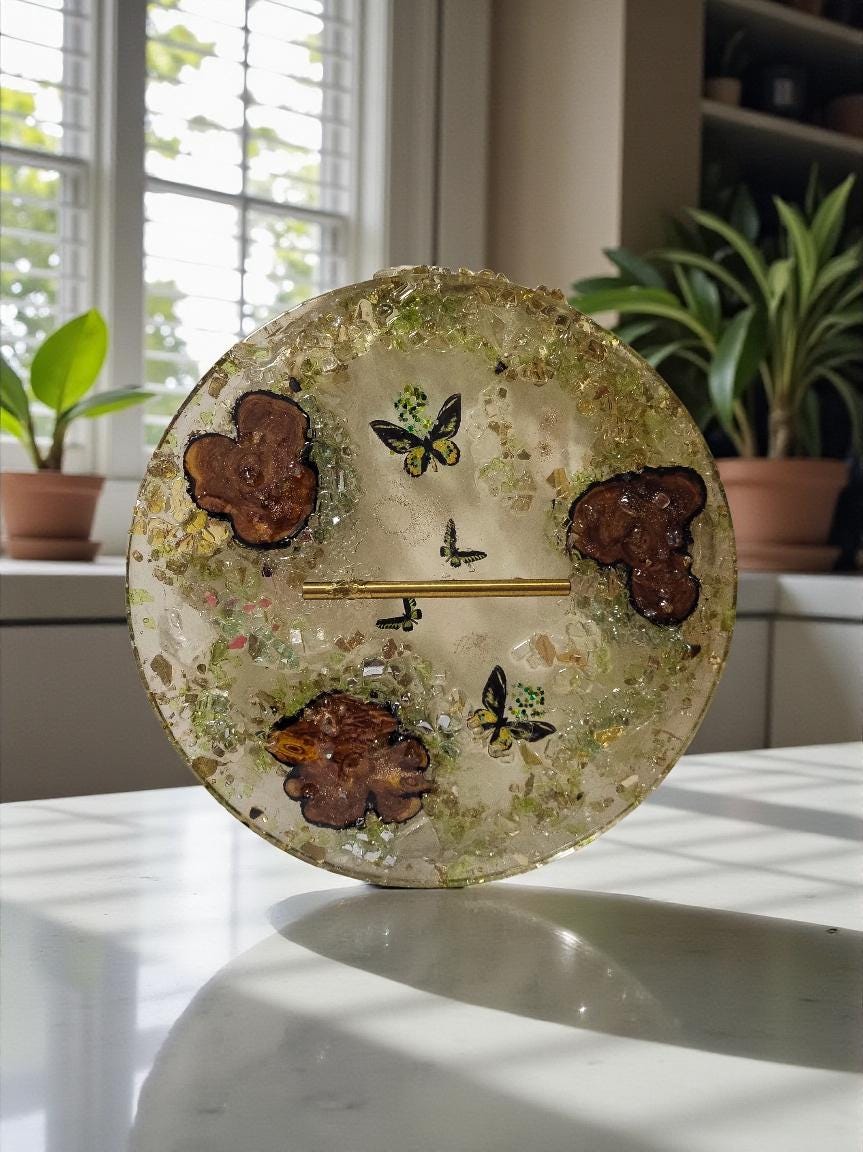 3D Resin Tray with Gold Crystals and Wood Inlay, Elegant Home Decor