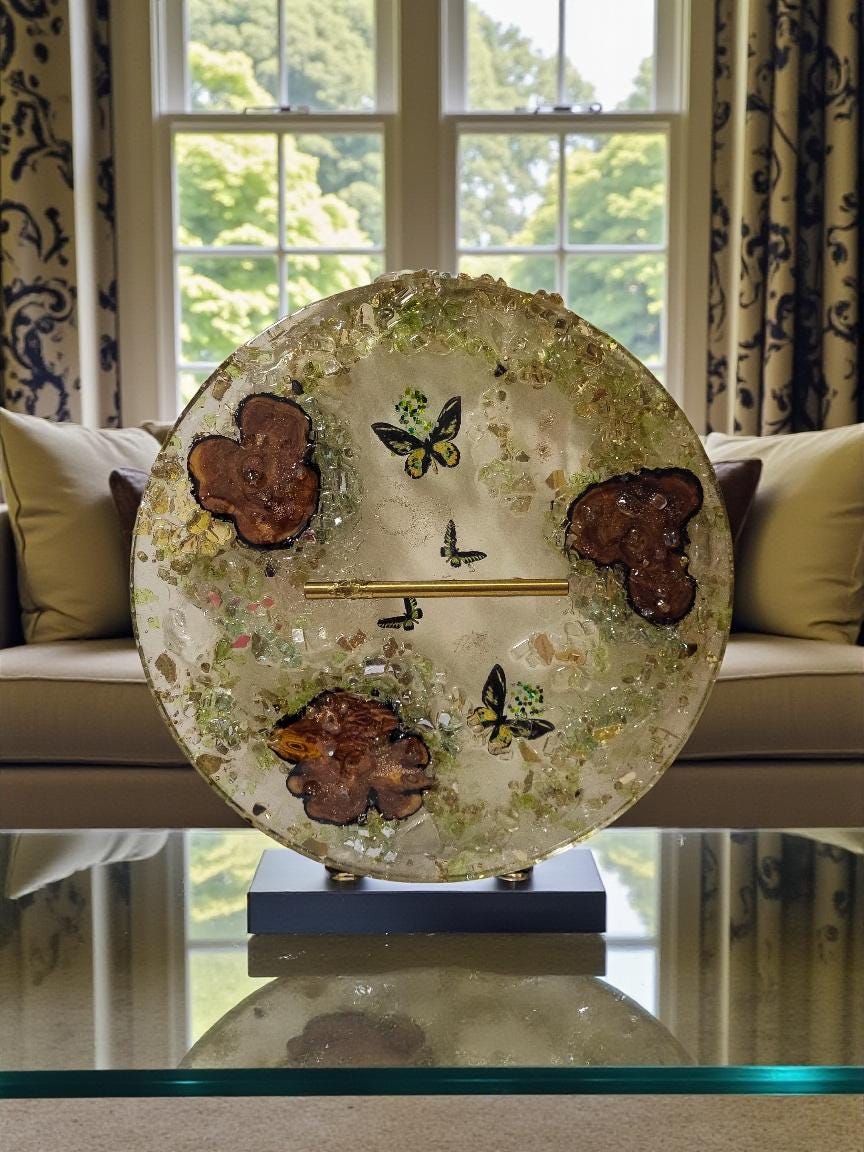 3D Resin Tray with Gold Crystals and Wood Inlay, Elegant Home Decor