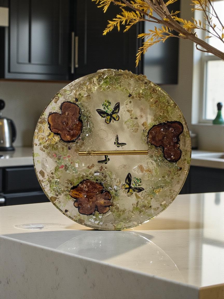 3D Resin Tray with Gold Crystals and Wood Inlay, Elegant Home Decor