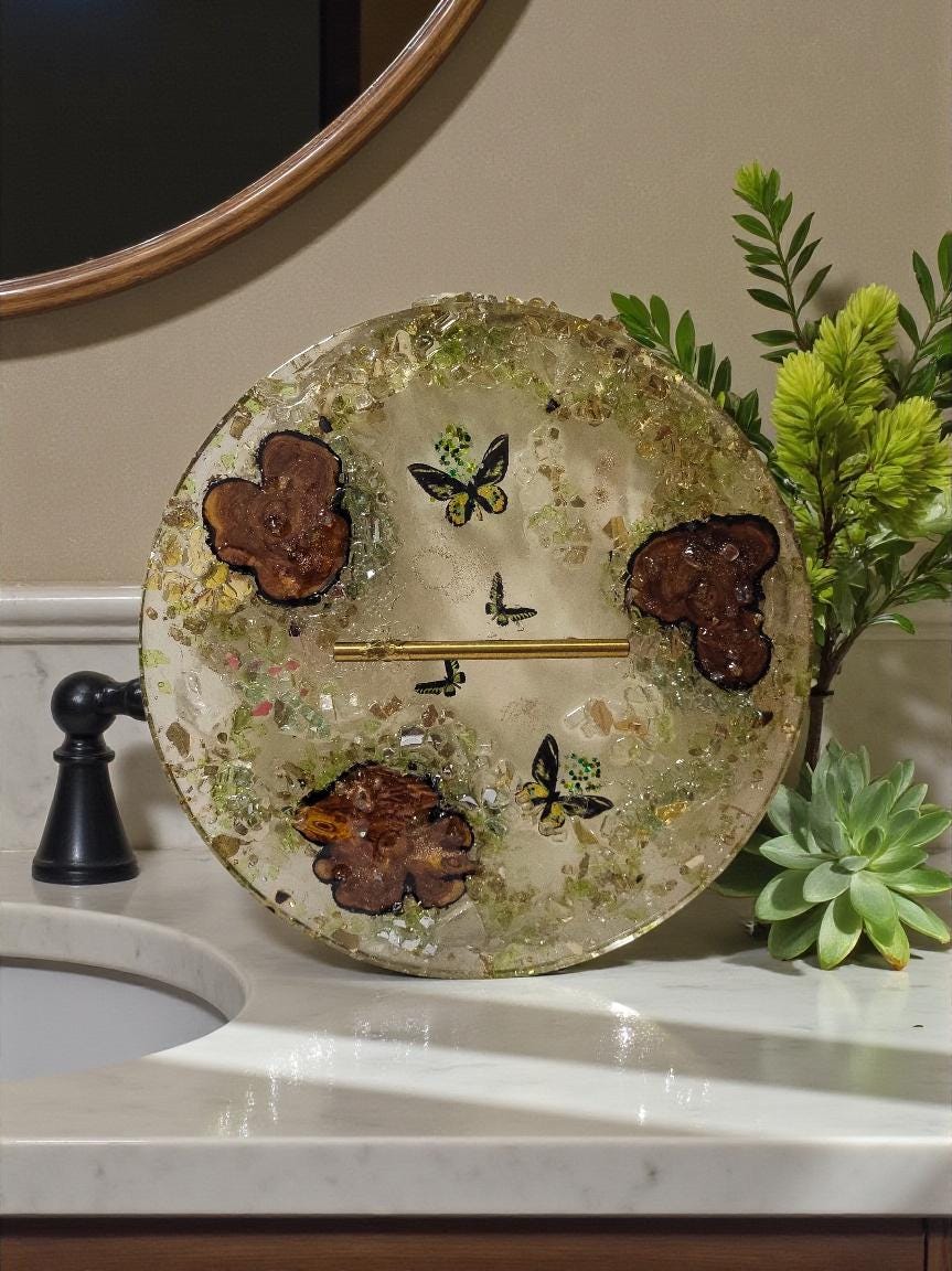 3D Resin Tray with Gold Crystals and Wood Inlay, Elegant Home Decor