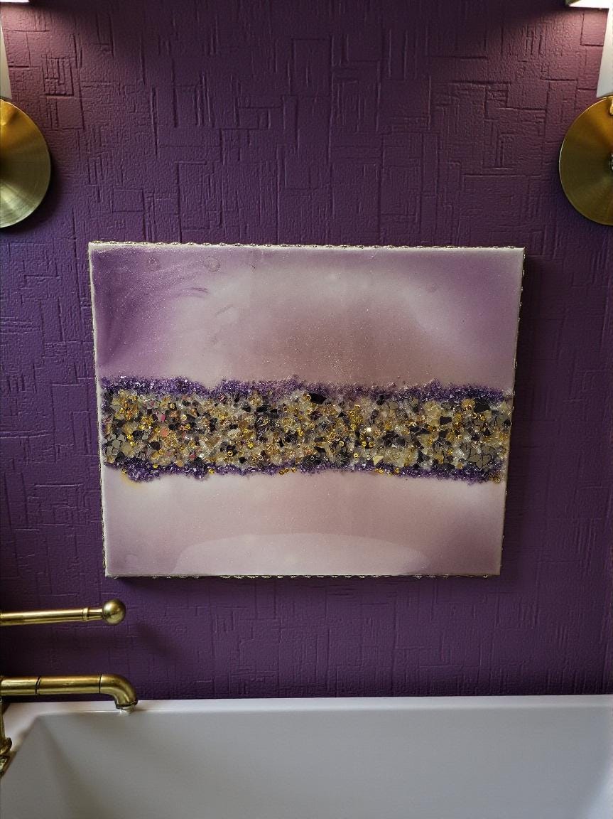 3D Abstract Crystal/Resin Canvas Painting, Gold/Purple/Clear Artwork (16x20) SET OF 2 PIECES