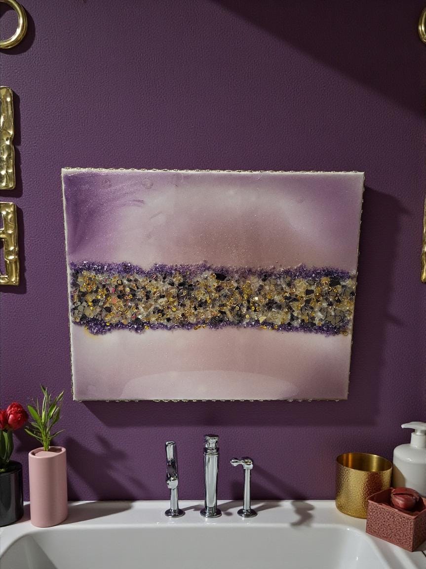 3D Abstract Crystal/Resin Canvas Painting, Gold/Purple/Clear Artwork (16x20) SET OF 2 PIECES
