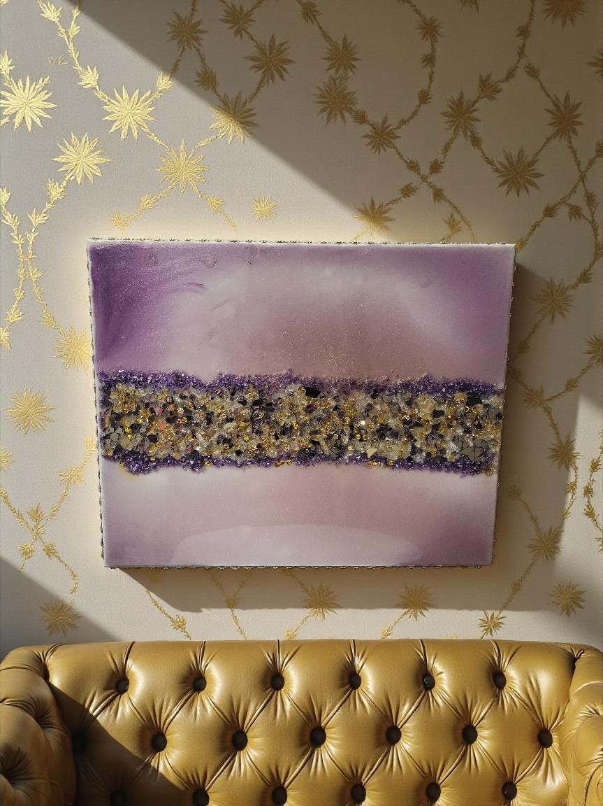 3D Abstract Crystal/Resin Canvas Painting, Gold/Purple/Clear Artwork (16x20) SET OF 2 PIECES