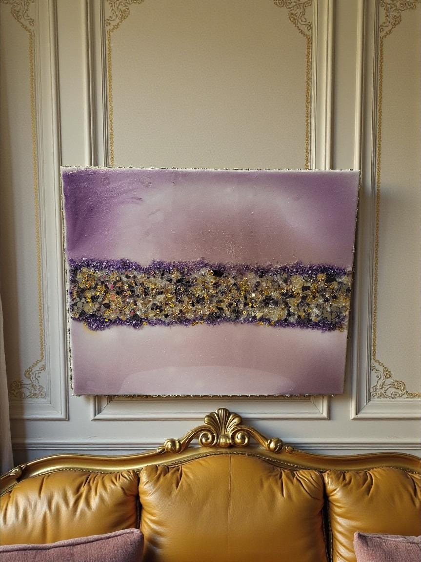 3D Abstract Crystal/Resin Canvas Painting, Gold/Purple/Clear Artwork (16x20) SET OF 2 PIECES