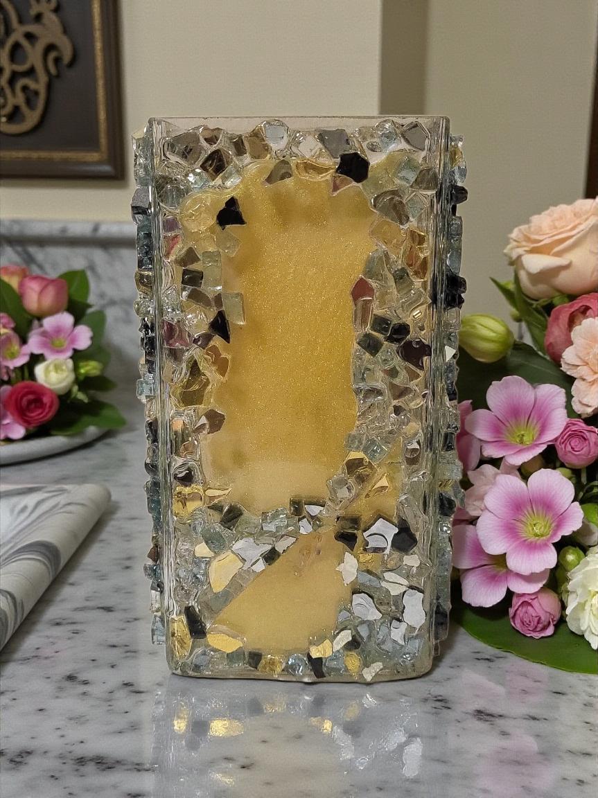 Black/Gold/Clear Crystallized Glass Vase - Glam Square Flower Display