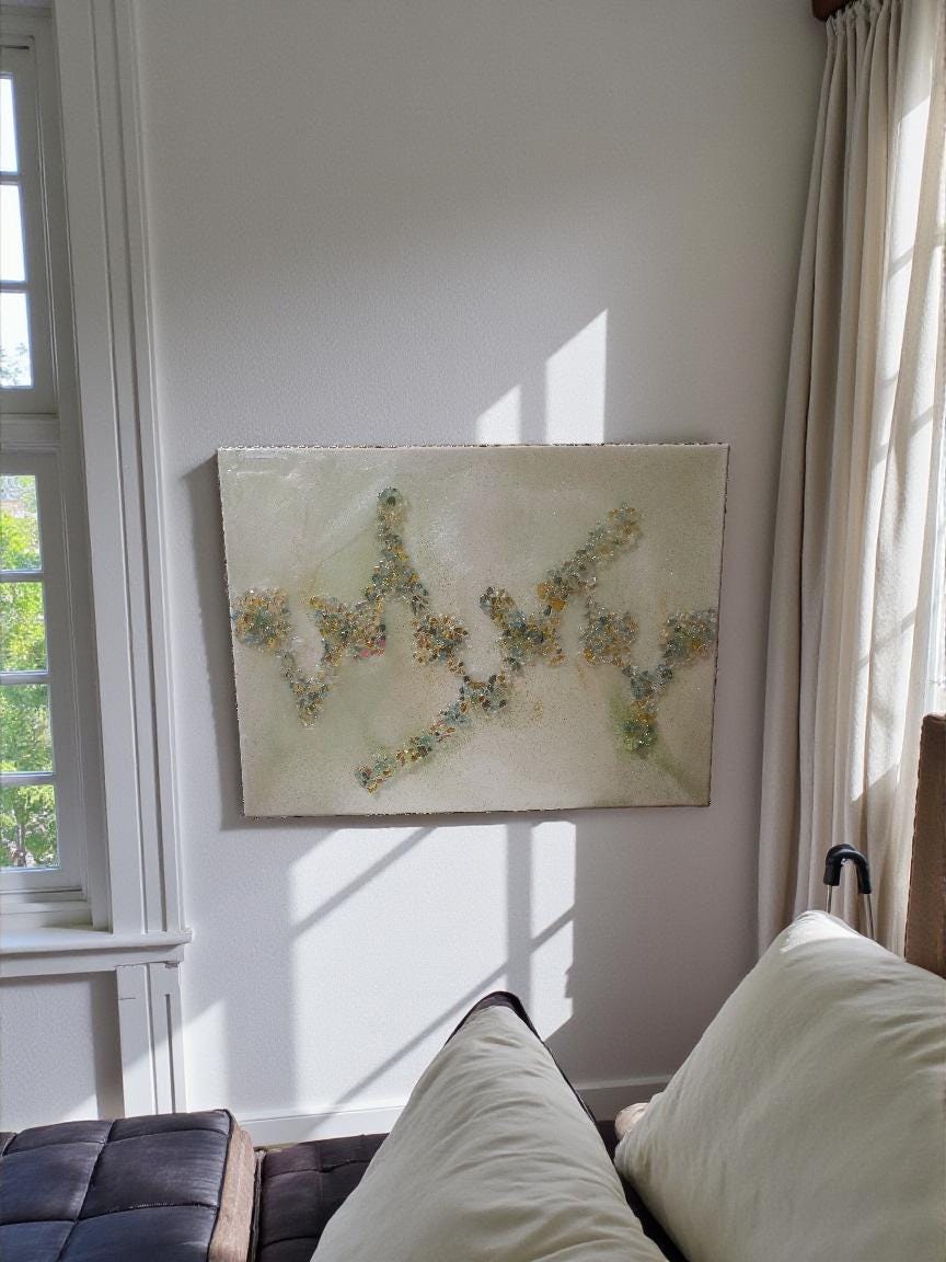3D Abstract Crystal/Resin Canvas Painting, Gold/Green/Clear Artwork (18x24)