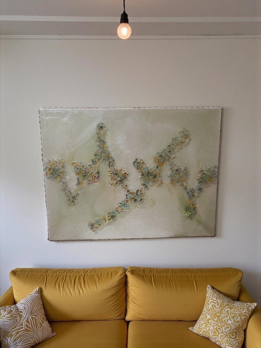 3D Abstract Crystal/Resin Canvas Painting, Gold/Green/Clear Artwork (18x24)