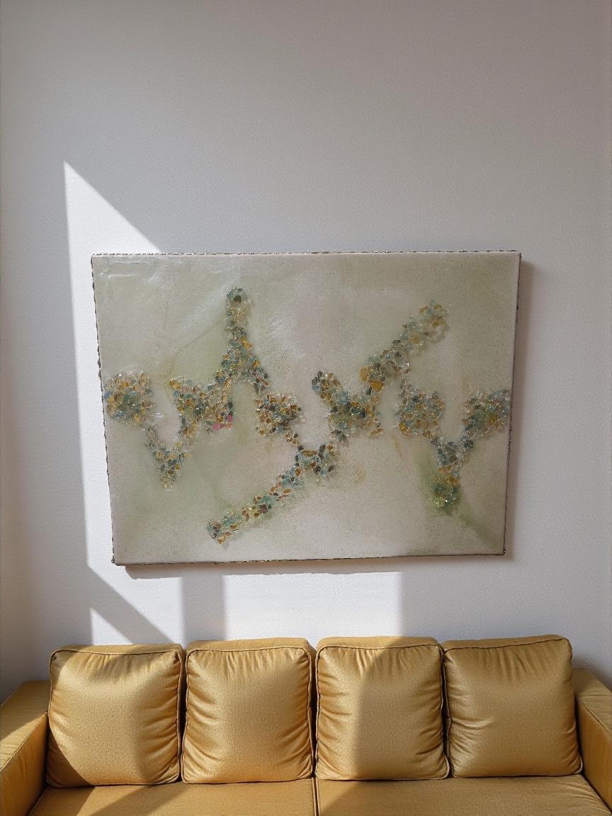 3D Abstract Crystal/Resin Canvas Painting, Gold/Green/Clear Artwork (18x24)