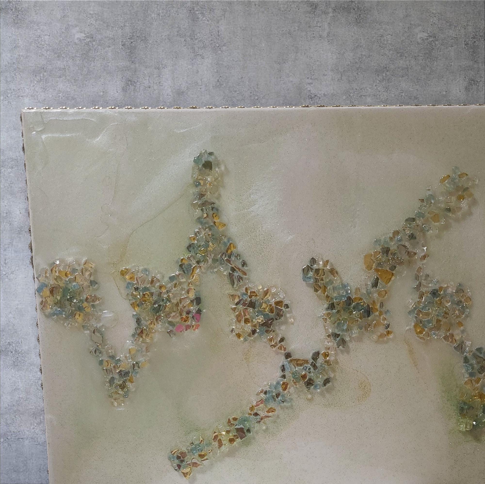 3D Abstract Crystal/Resin Canvas Painting, Gold/Green/Clear Artwork (18x24)