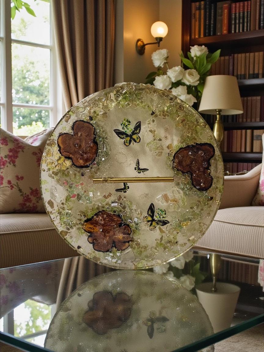 3D Resin Tray with Gold Crystals and Wood Inlay, Elegant Home Decor