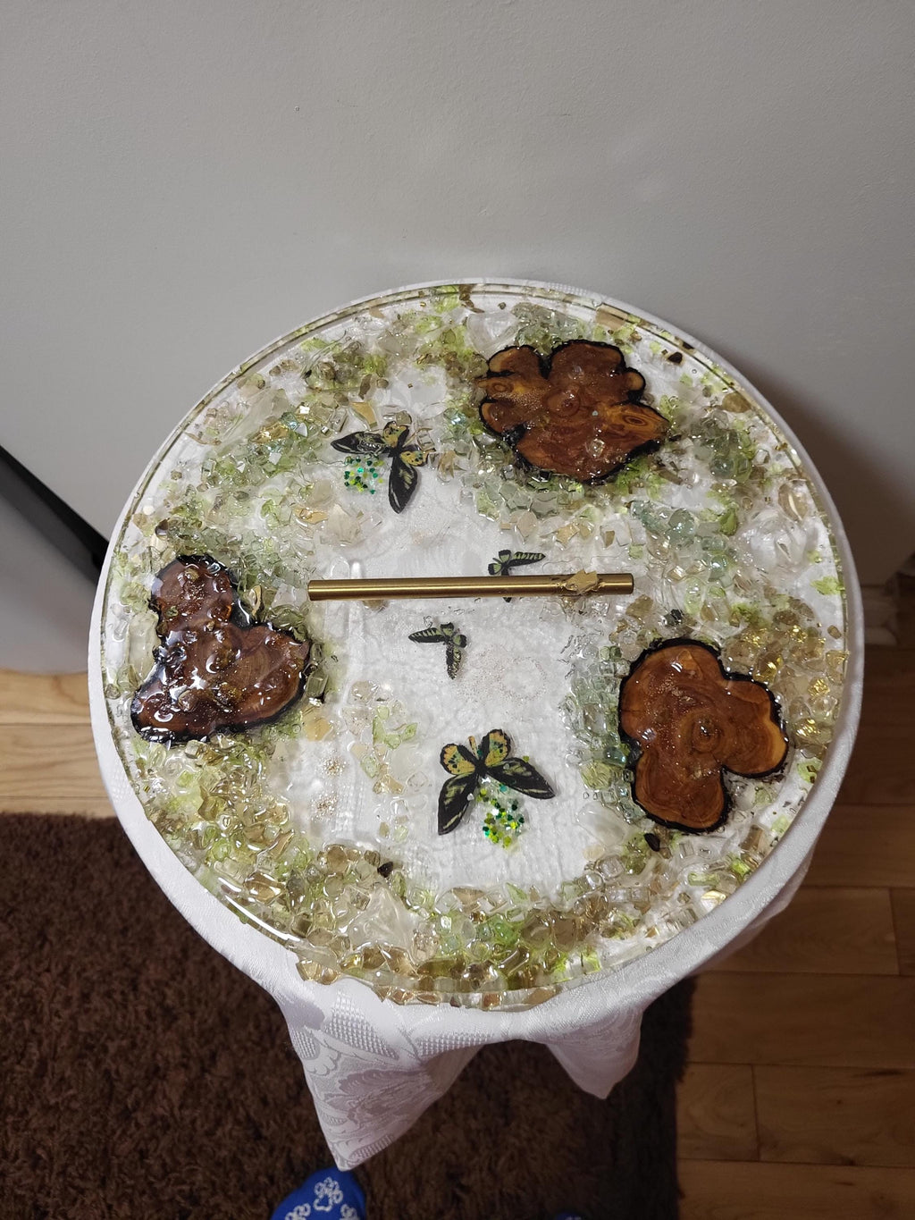3D Resin Tray with Gold Crystals and Wood Inlay, Elegant Home Decor