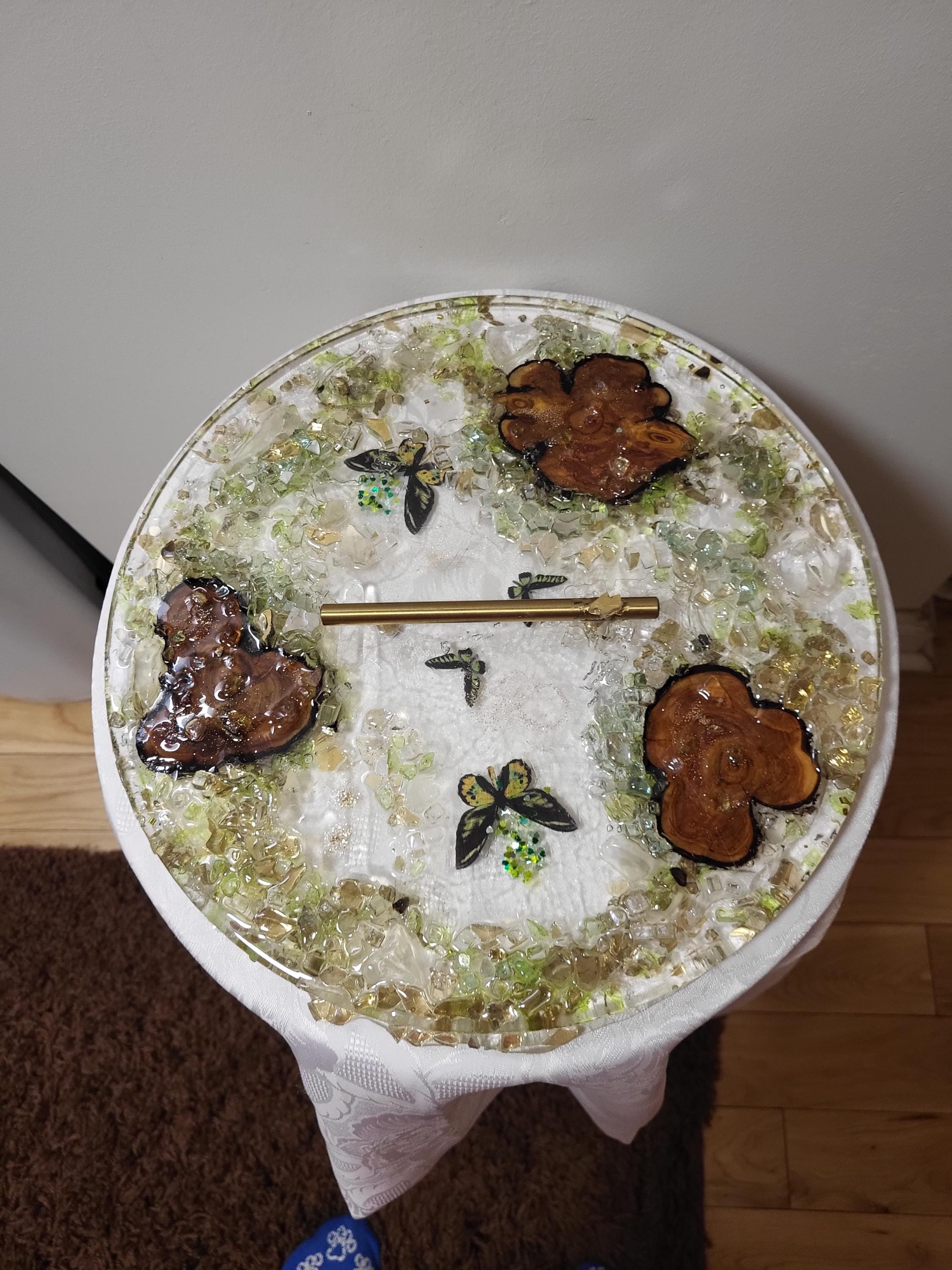 3D Resin Tray with Gold Crystals and Wood Inlay, Elegant Home Decor