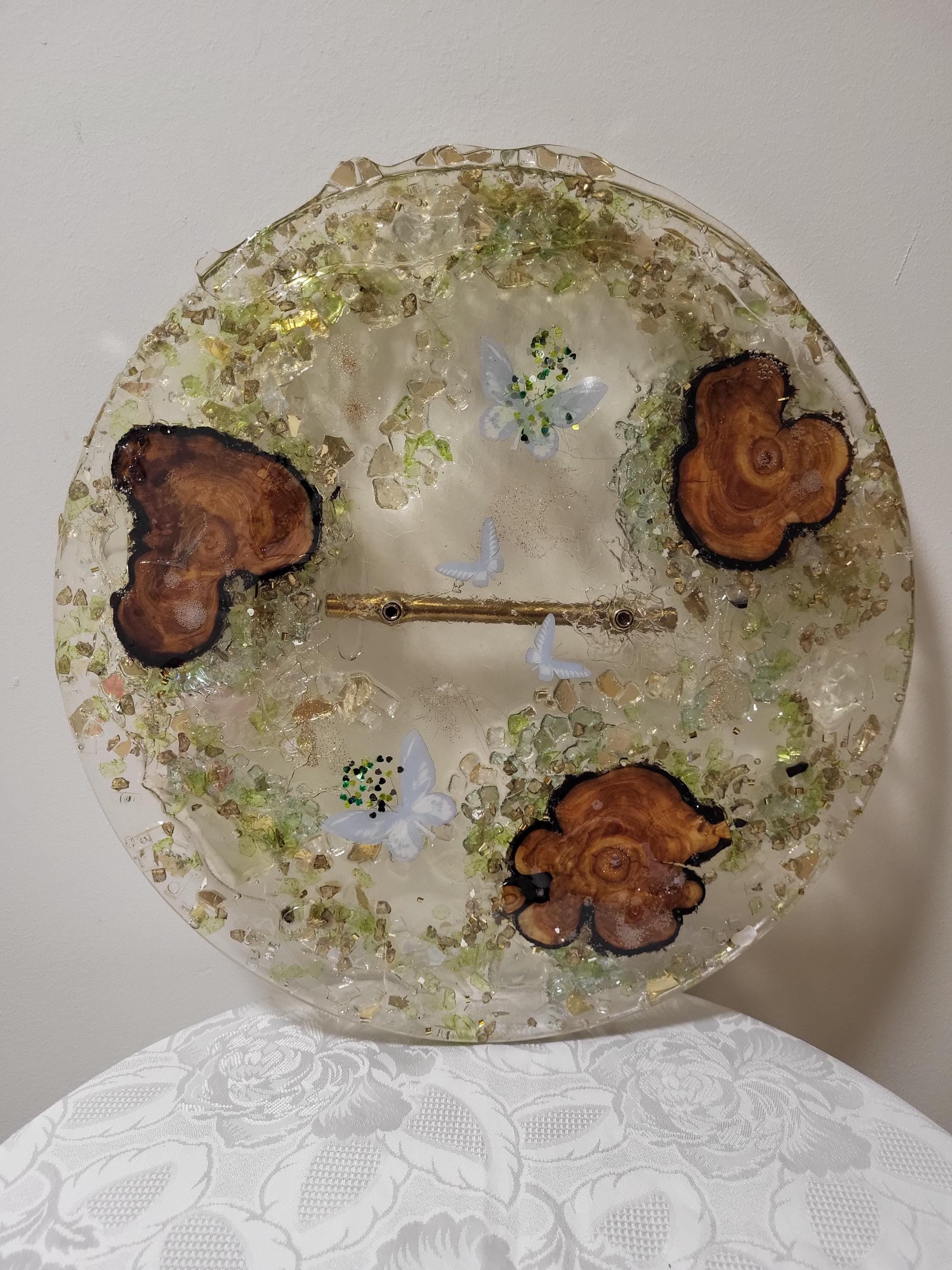 3D Resin Tray with Gold Crystals and Wood Inlay, Elegant Home Decor