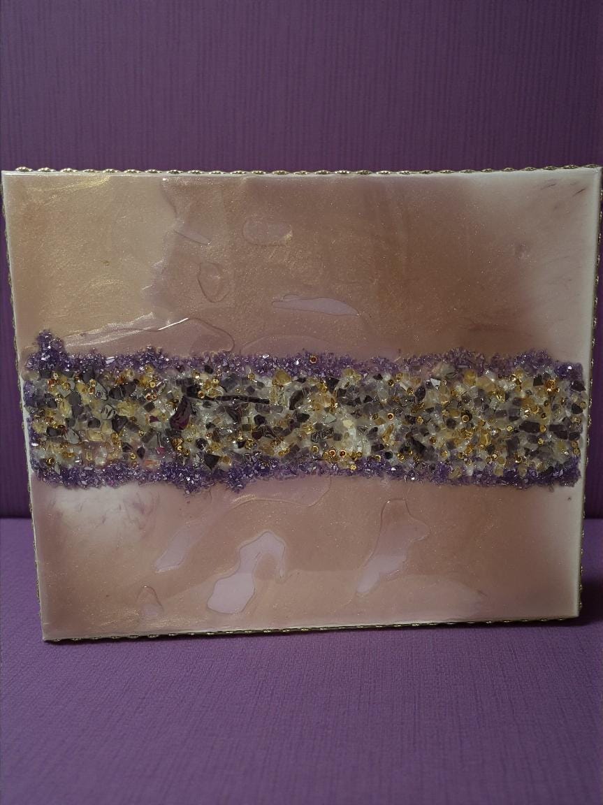 3D Abstract Crystal/Resin Canvas Painting, Gold/Purple/Clear Artwork (16x20) SET OF 2 PIECES