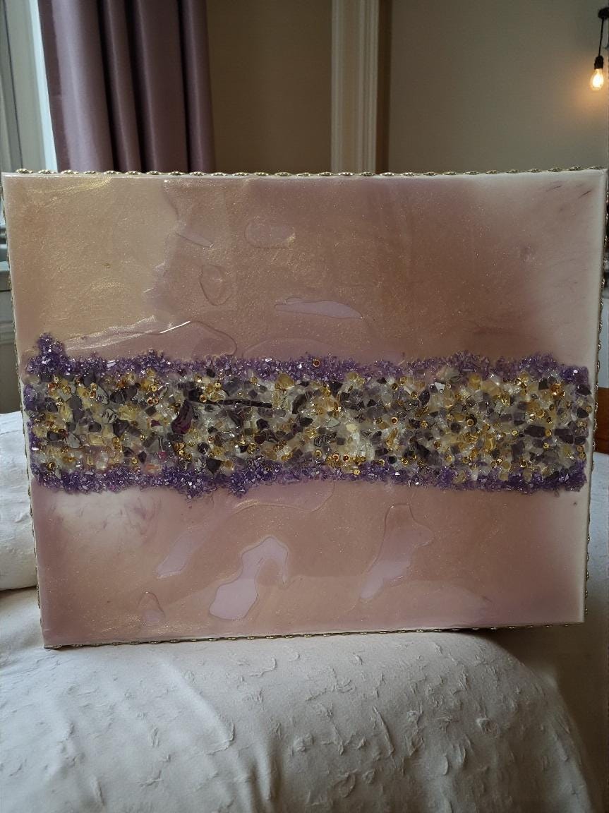 3D Abstract Crystal/Resin Canvas Painting, Gold/Purple/Clear Artwork (16x20) SET OF 2 PIECES