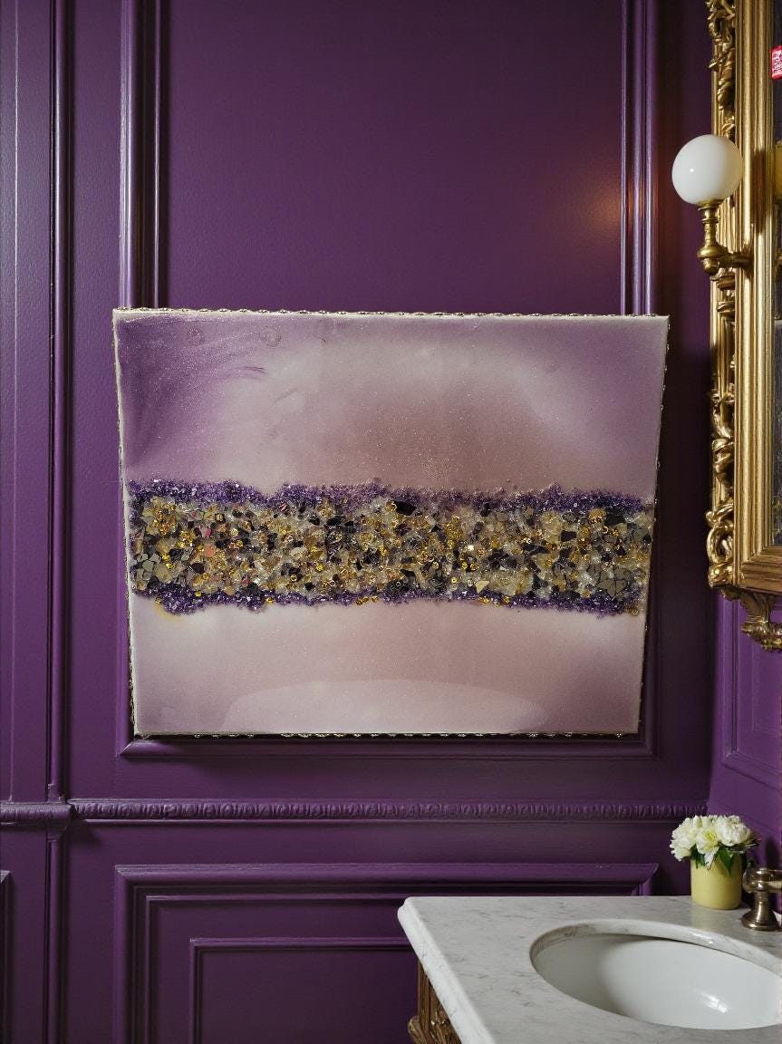 3D Abstract Crystal/Resin Canvas Painting, Gold/Purple/Clear Artwork (16x20) SET OF 2 PIECES