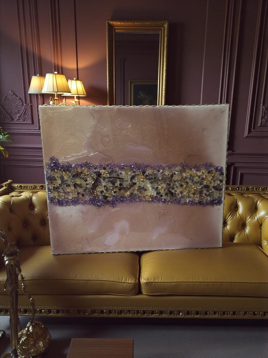 3D Abstract Crystal/Resin Canvas Painting, Gold/Purple/Clear Artwork (16x20) SET OF 2 PIECES
