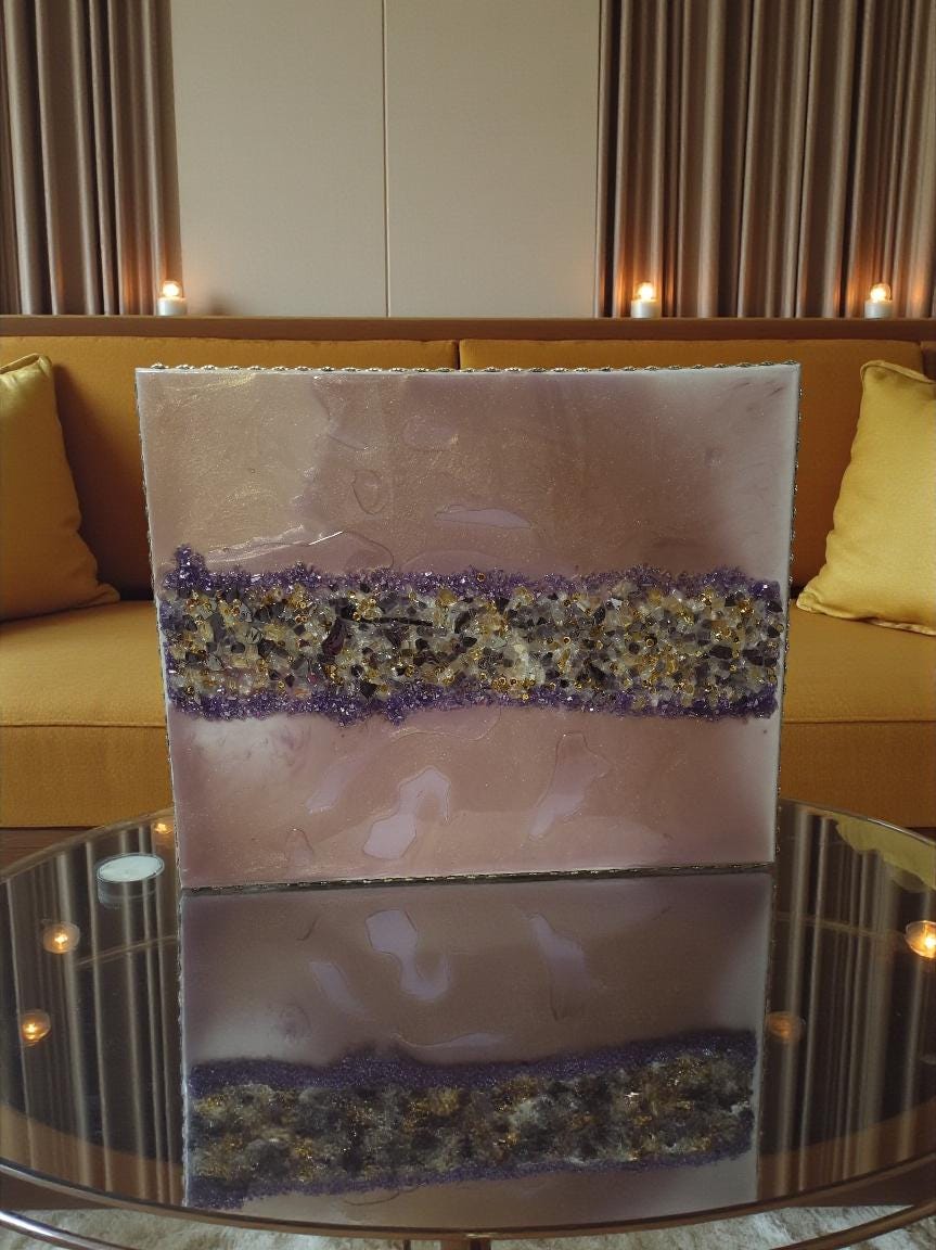 3D Abstract Crystal/Resin Canvas Painting, Gold/Purple/Clear Artwork (16x20) SET OF 2 PIECES