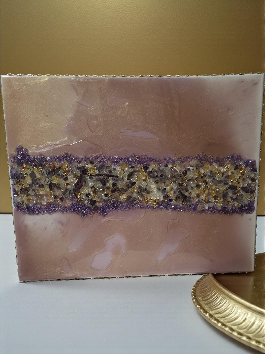 3D Abstract Crystal/Resin Canvas Painting, Gold/Purple/Clear Artwork (16x20) SET OF 2 PIECES