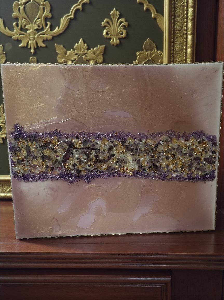 3D Abstract Crystal/Resin Canvas Painting, Gold/Purple/Clear Artwork (16x20) SET OF 2 PIECES