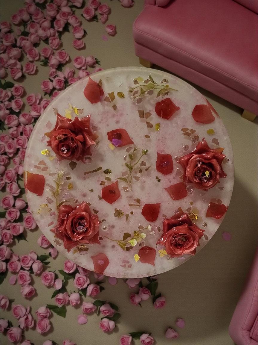 3D Resin Tray with Gold and Pink Crystals and Floral Inlay, Elegant Home Decor