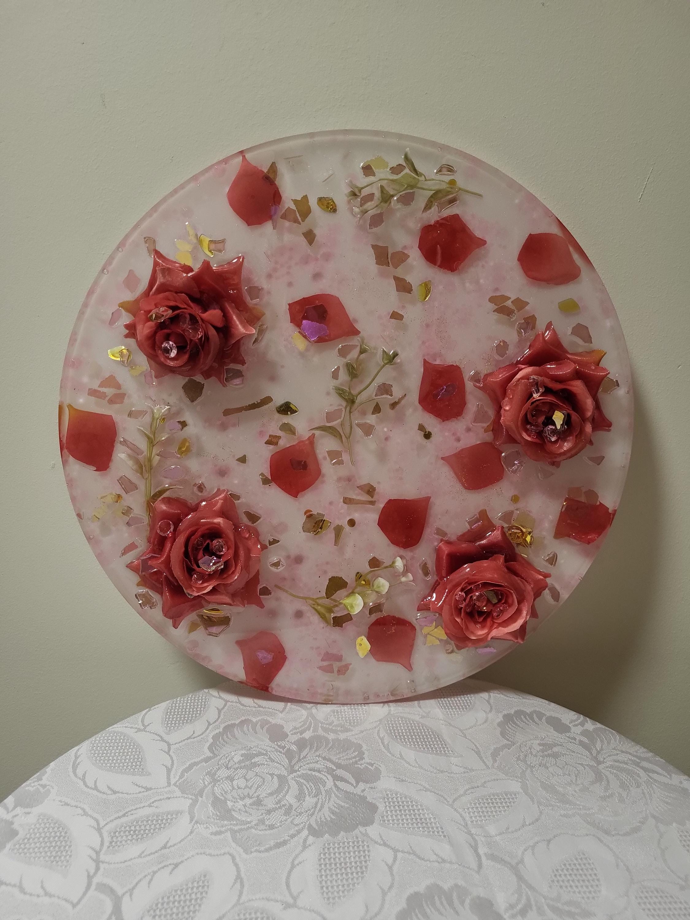 3D Resin Tray with Gold and Pink Crystals and Floral Inlay, Elegant Home Decor