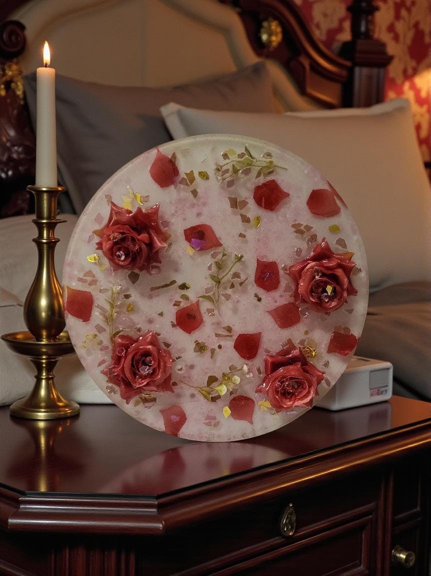 3D Resin Tray with Gold and Pink Crystals and Floral Inlay, Elegant Home Decor