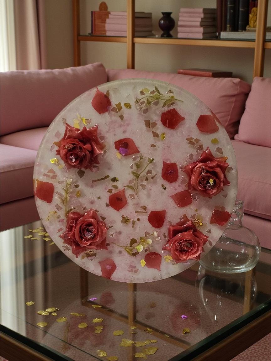 3D Resin Tray with Gold and Pink Crystals and Floral Inlay, Elegant Home Decor