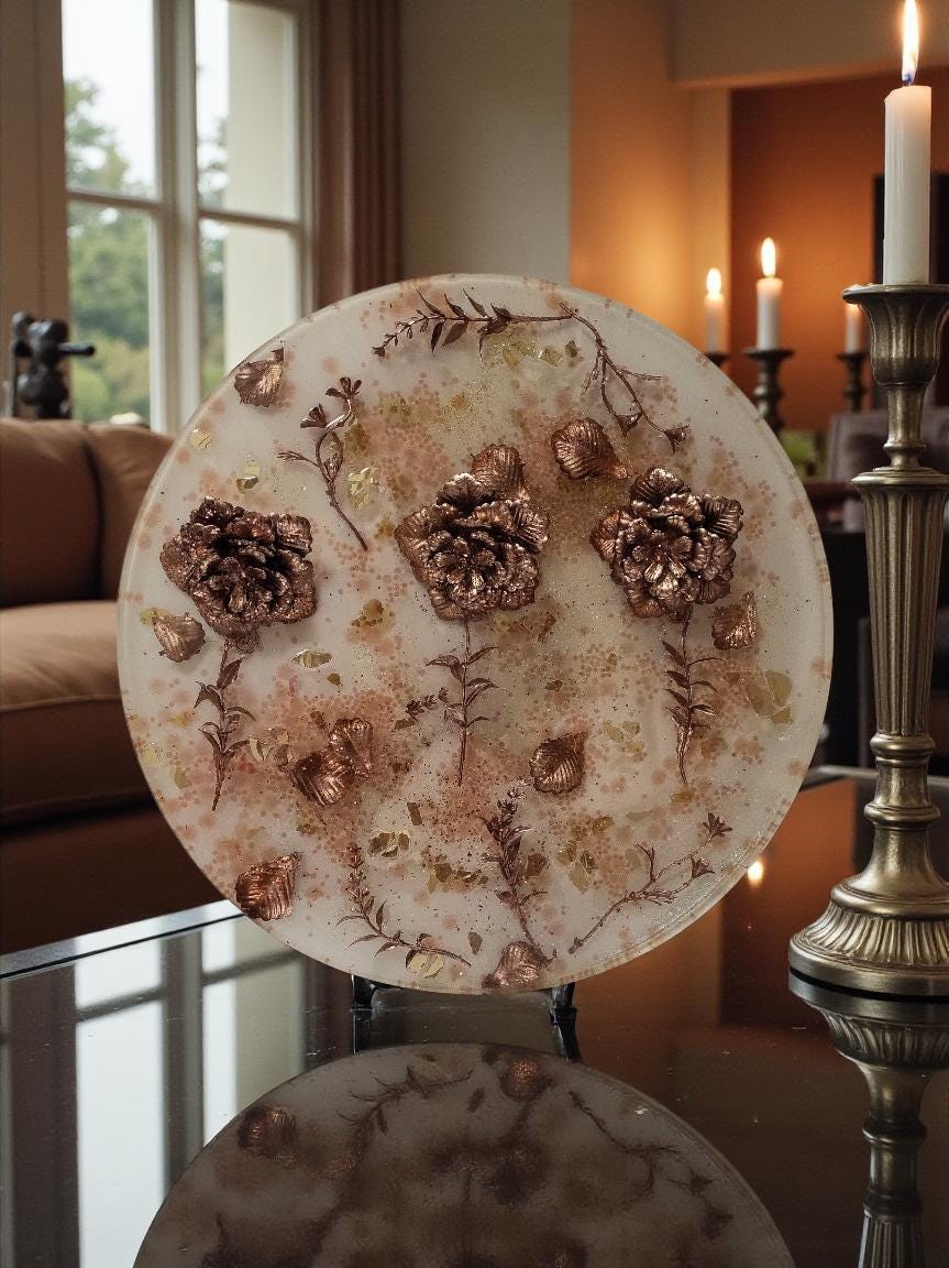 3D Resin Tray with Gold and Crystals and Floral Inlay, Elegant Home Decor