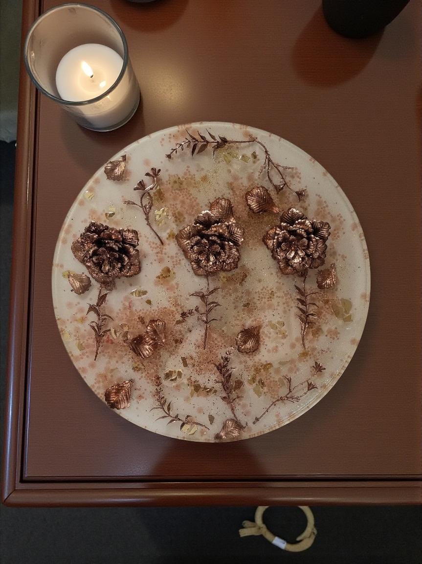 3D Resin Tray with Gold and Crystals and Floral Inlay, Elegant Home Decor
