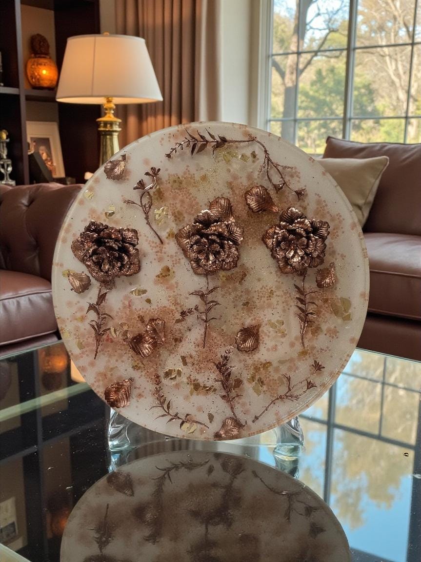 3D Resin Tray with Gold and Crystals and Floral Inlay, Elegant Home Decor