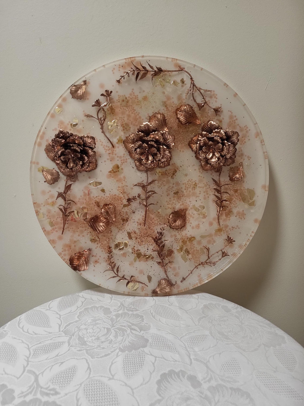 3D Resin Tray with Gold and Crystals and Floral Inlay, Elegant Home Decor