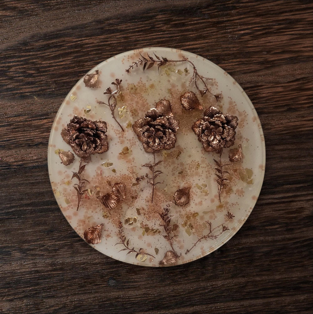 3D Resin Tray with Gold and Crystals and Floral Inlay, Elegant Home Decor