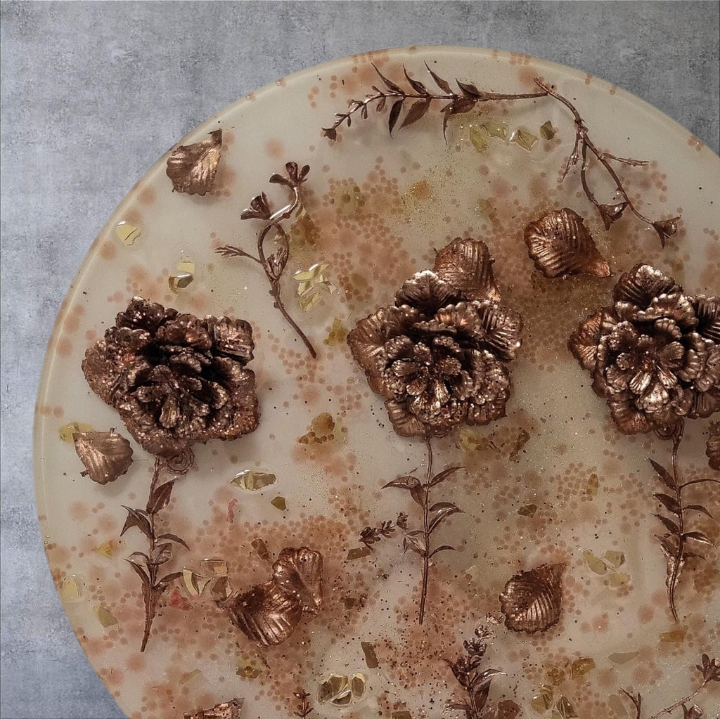 3D Resin Tray with Gold and Crystals and Floral Inlay, Elegant Home Decor