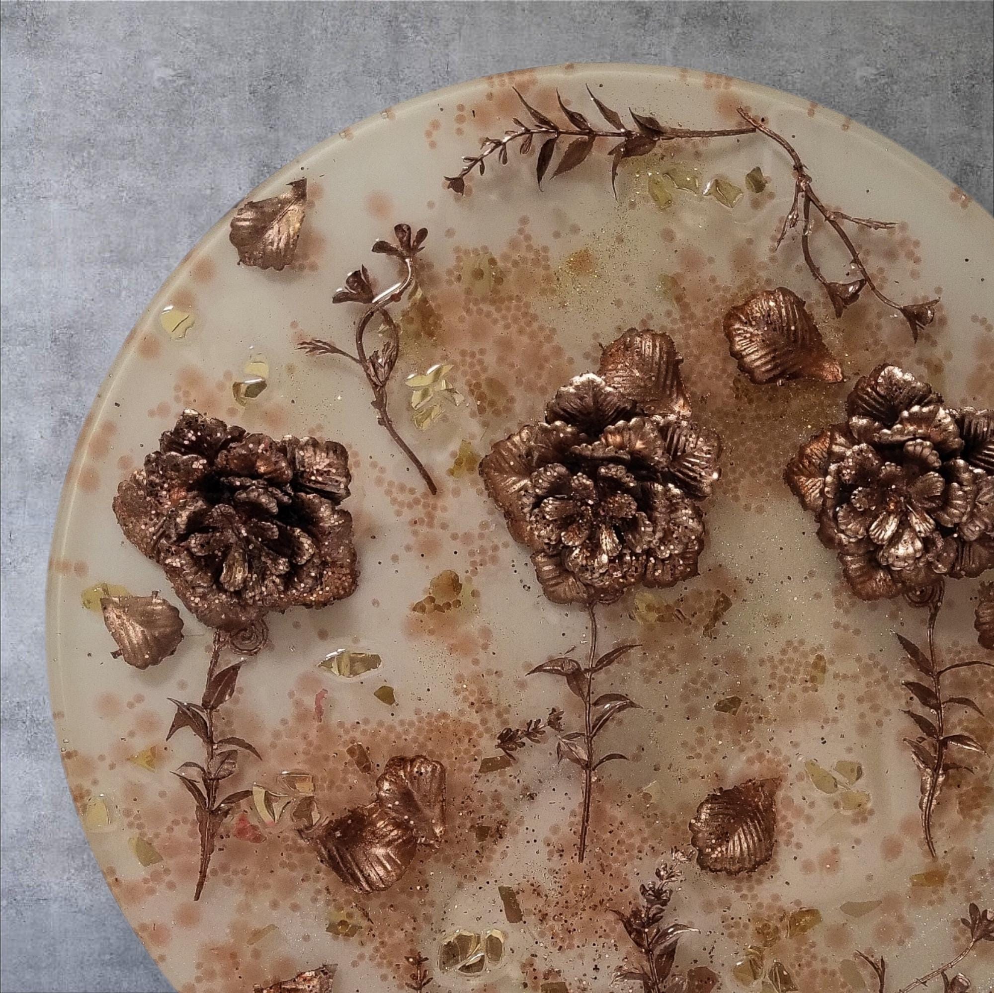 3D Resin Tray with Gold and Crystals and Floral Inlay, Elegant Home Decor