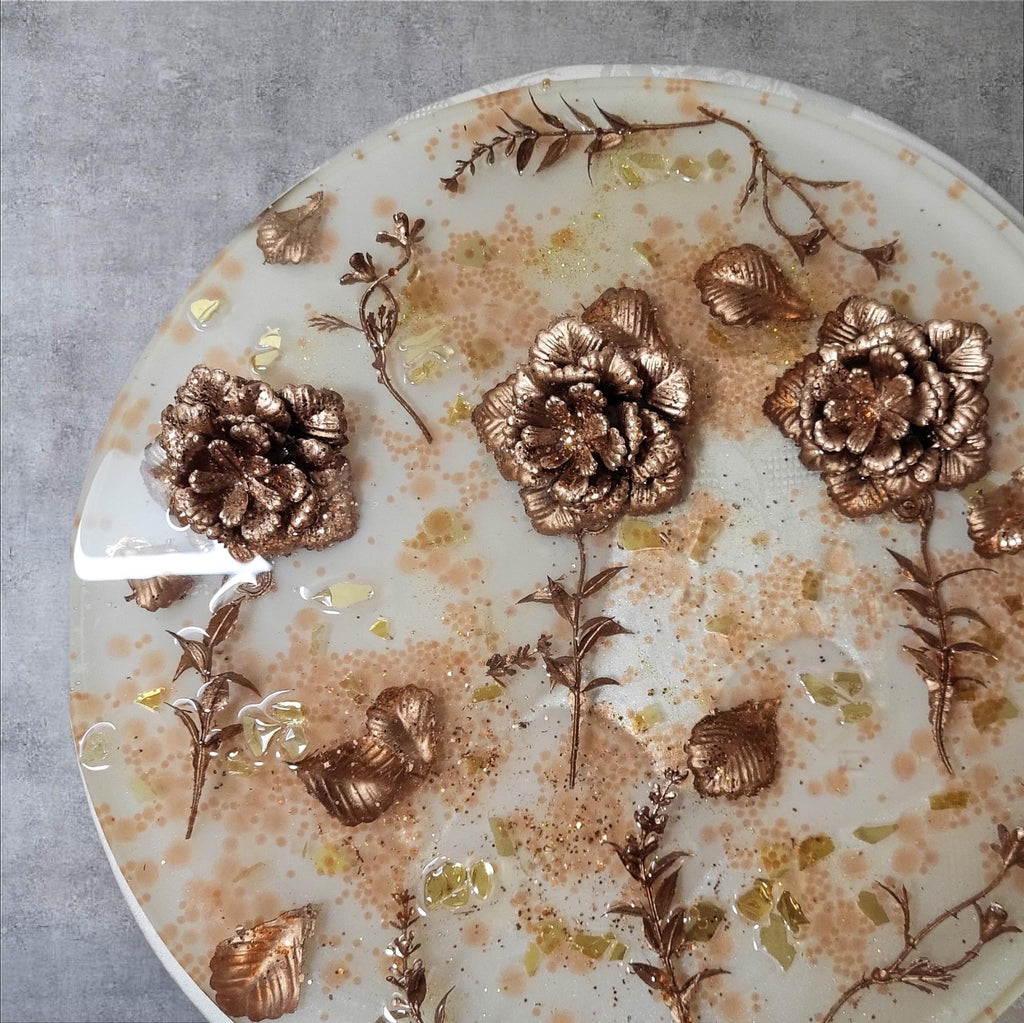 3D Resin Tray with Gold and Crystals and Floral Inlay, Elegant Home Decor