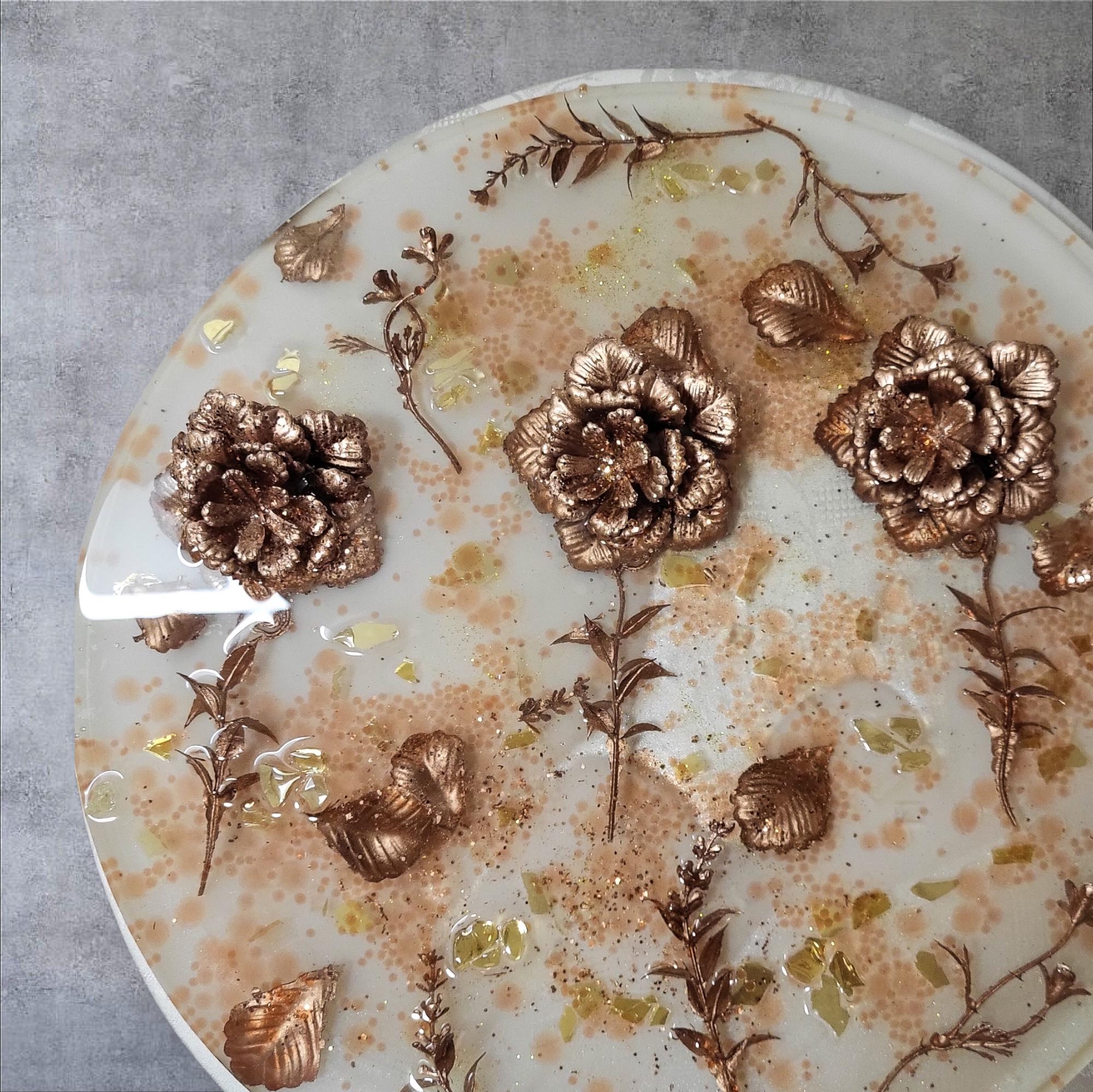 3D Resin Tray with Gold and Crystals and Floral Inlay, Elegant Home Decor