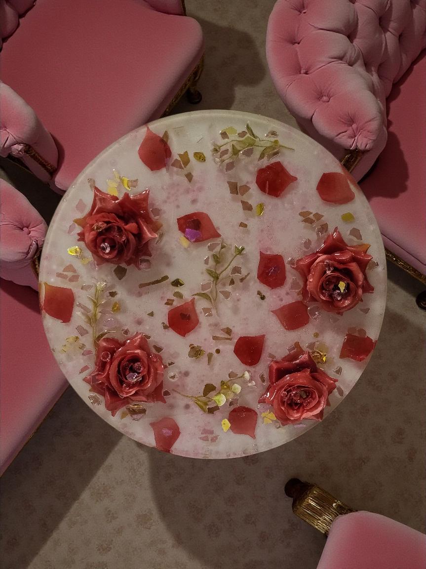 3D Resin Tray with Gold and Pink Crystals and Floral Inlay, Elegant Home Decor