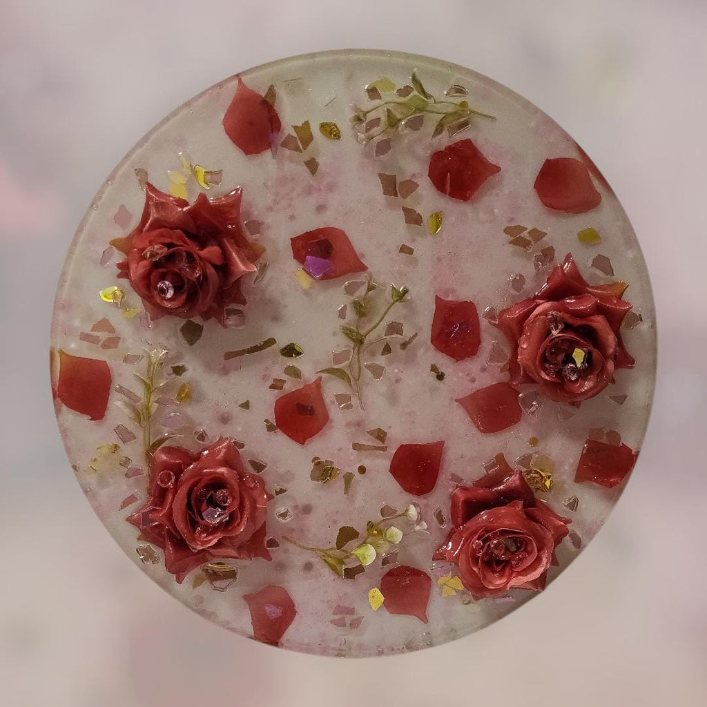 3D Resin Tray with Gold and Pink Crystals and Floral Inlay, Elegant Home Decor