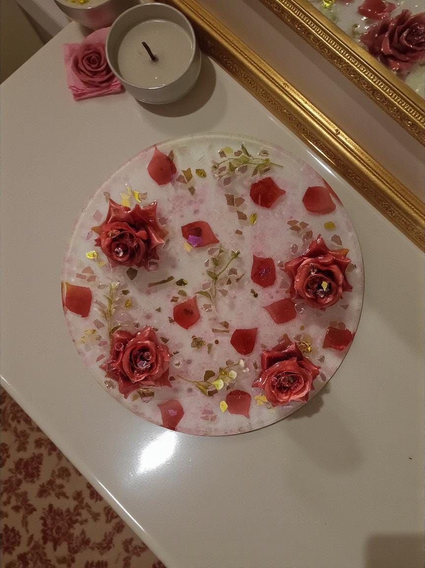 3D Resin Tray with Gold and Pink Crystals and Floral Inlay, Elegant Home Decor